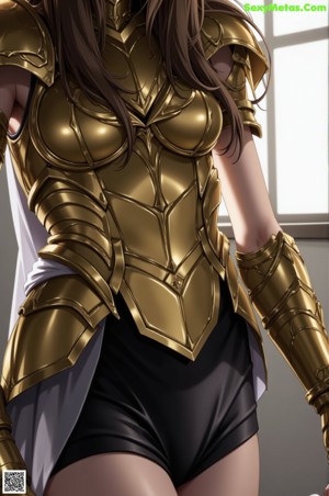 A woman in a blue and gold outfit standing in front of a door.