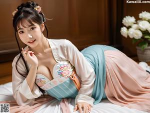 A woman in a blue and pink hanbok is posing for a picture.