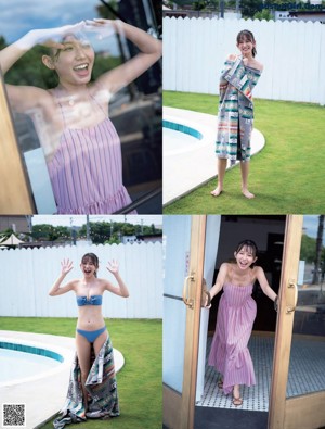 A woman in a blue bikini sitting on a towel by a pool.