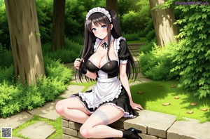 A woman in a maid outfit sitting on a chair.