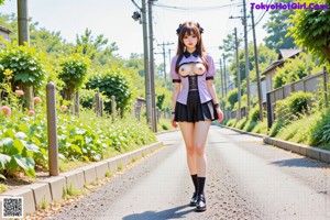 A girl in a school uniform leaning against a pole.