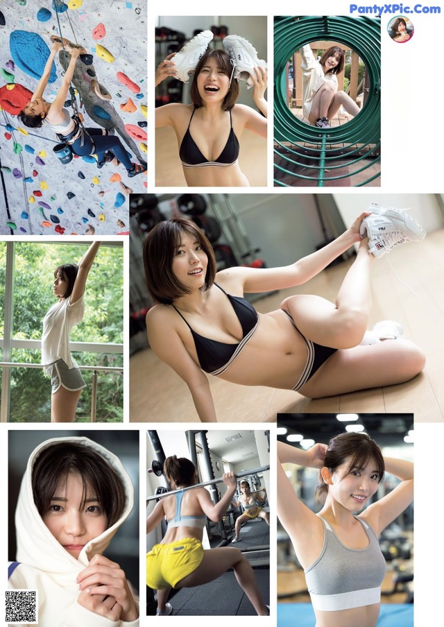 A collage of photos of a woman in a sports bra top and shorts.