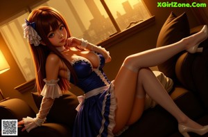 a woman in a blue and white dress sitting on a window sill