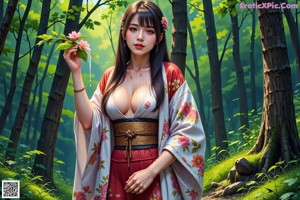 A woman in a kimono standing in the woods.