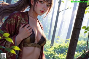 A woman in a red kimono is posing naked in the woods.