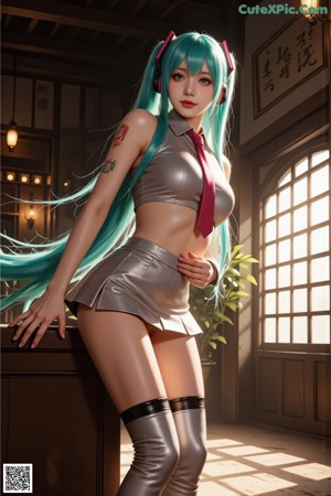 A woman with long green hair wearing a white shirt and black skirt.