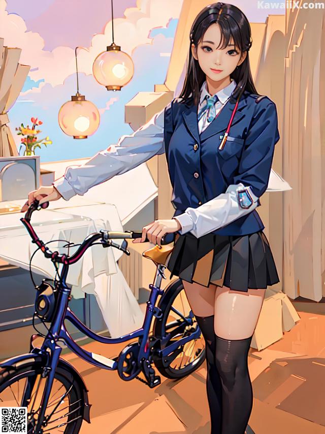 A woman in a school uniform standing next to a bike.