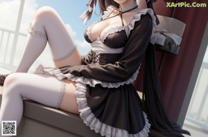 a woman in a maid outfit sitting on a couch