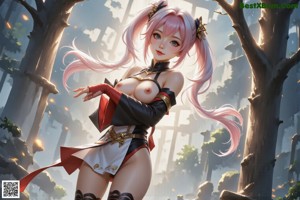 A woman in a fantasy outfit stands in a forest setting.