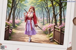A woman in traditional attire with a sword stands in a forested path.