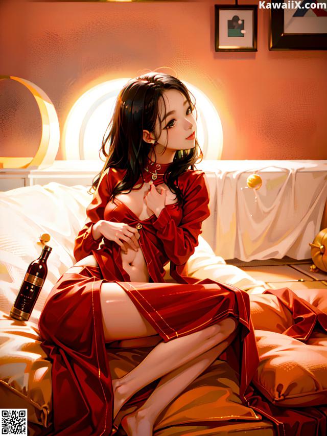 A woman in a red dress sitting on a bed.