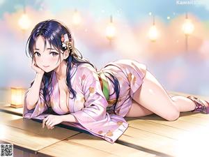 A woman in a purple kimono standing in front of a bar.