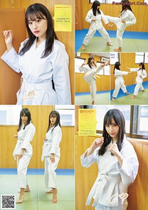 A woman in a white kimono is practicing karate. 
