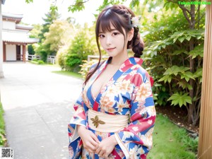 A woman in a blue kimono posing for the camera.
