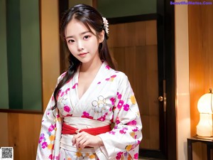 A woman in a blue and white kimono posing for the camera.