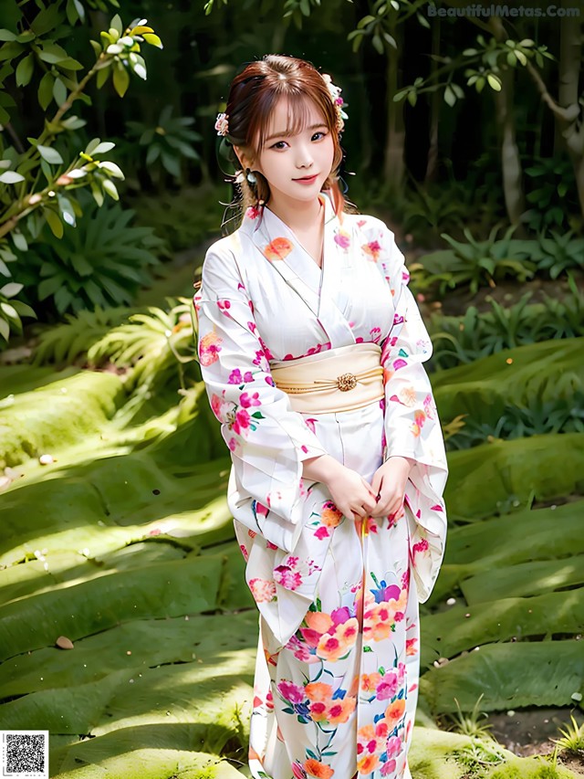 A woman in a white kimono standing in a garden.