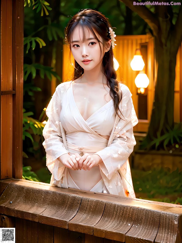 A woman in a white kimono standing on a wooden bench.