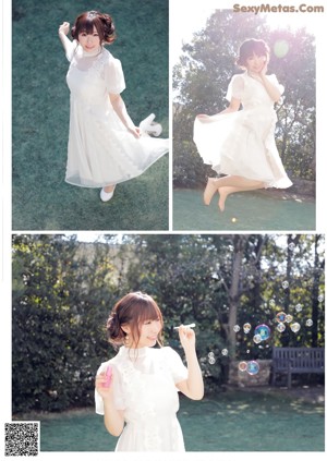 A woman in a white dress is posing for a magazine cover.