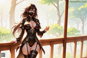 A woman in a black and gold outfit with a hood.