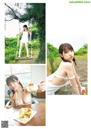 A woman in a bikini and a baseball cap posing for a picture.