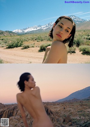 A naked woman sitting on a rock in the water.