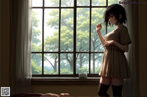 A woman in a white lingerie sitting on a window sill.