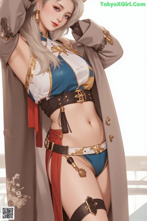A woman in a blue and white outfit holding a sword.