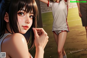 A woman in a soccer uniform standing next to a soccer ball.