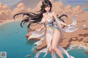 A woman in a bikini holding a branch of a tree.