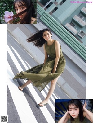 A woman with long black hair wearing a green shirt.