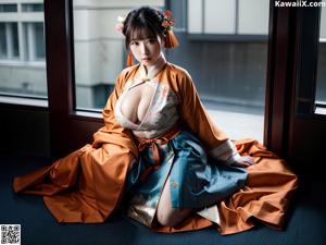 A woman in a black and white kimono sitting on a ledge.