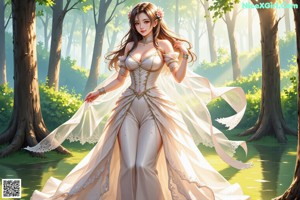 A woman in a wedding dress standing in the woods.