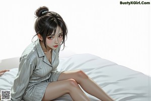A woman in a green robe sitting on a bed.