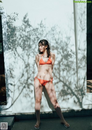 A woman in a green bikini posing behind a fence.