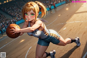 A woman in a basketball uniform crouching on a basketball court.