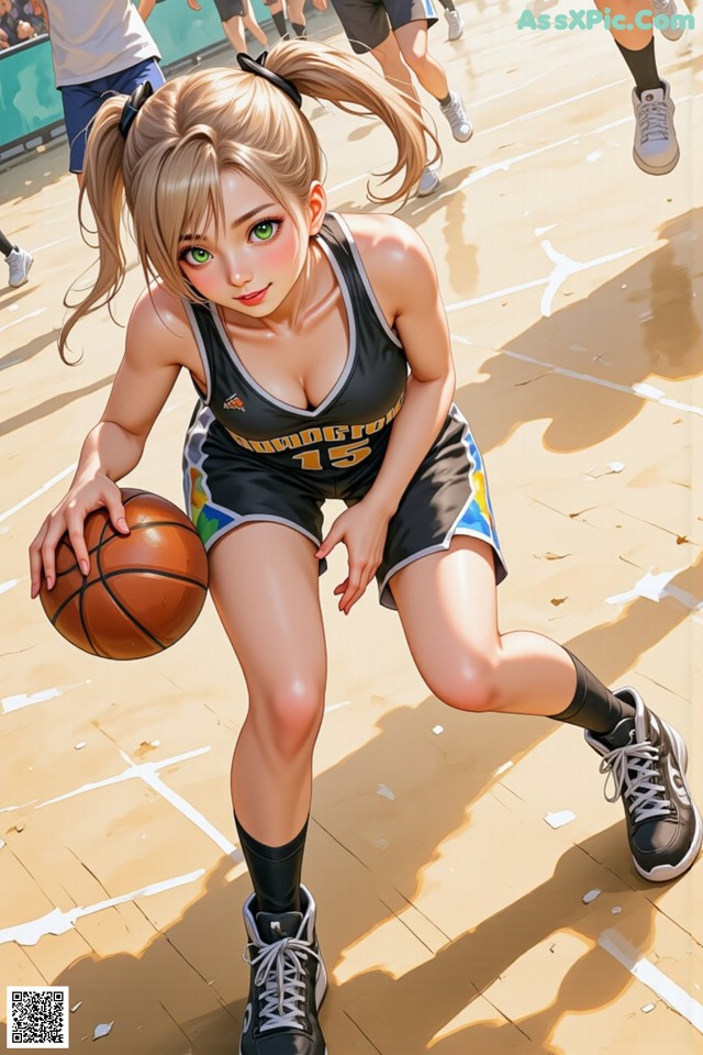 A girl in a basketball uniform dribbling a basketball on a court.