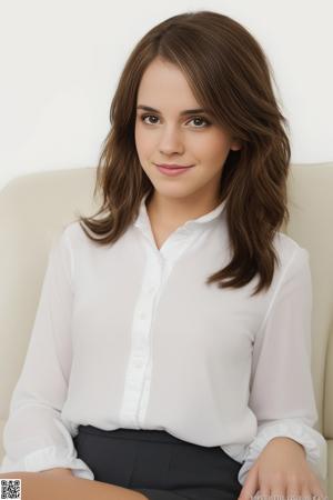 A woman sitting on a couch in a gray tank top.