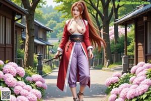 A woman in traditional attire with flowers and cherry blossoms.