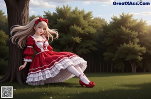 A woman in a red and white dress sitting on a bench.