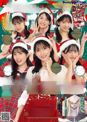 A collage of photos of a woman in a santa outfit.