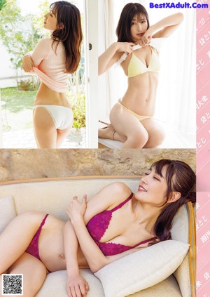 A woman in a pink bikini laying on a couch.