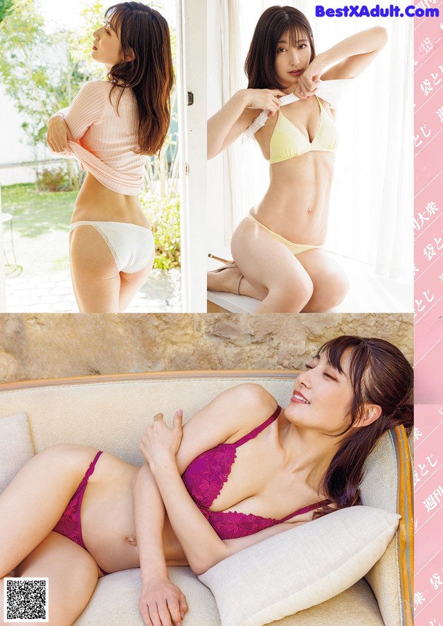 A woman in a pink bikini laying on a couch.