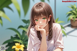 A girl in a white dress sitting in front of a picture frame.