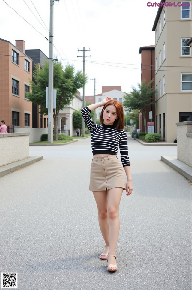 A woman in a black and white striped top and tan skirt.