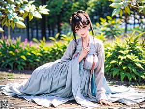 A woman in a white kimono is posing for a picture.