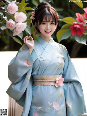 A woman in a blue and pink kimono sitting on a bed.