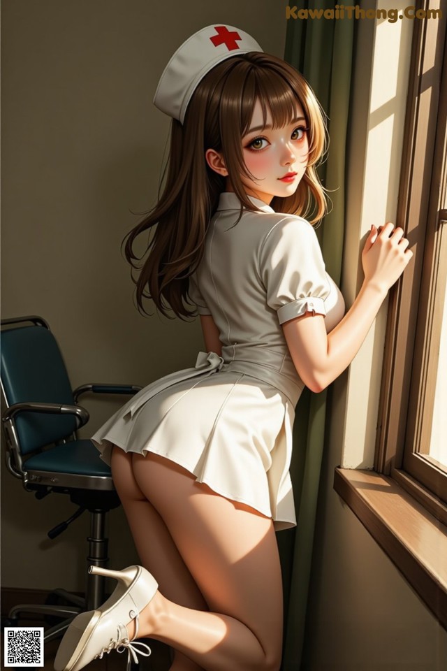 A woman in a nurse uniform leaning against a window.