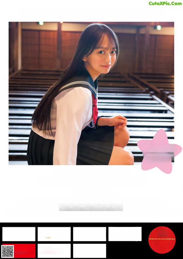 A woman in a school uniform sitting on a bench.