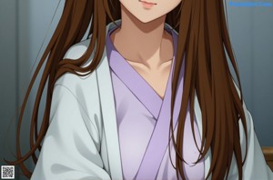 Anime girl with big tits posing in front of a window.