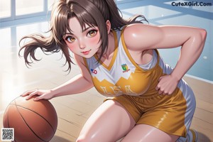 A woman in a basketball uniform holding a basketball on a court.